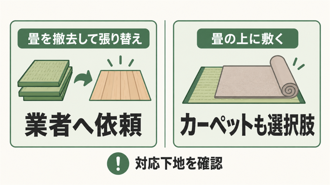 畳を撤去する張り替えは業者へ依頼し、畳の上に敷く場合は対応下地を確認してフローリングカーペットも選べることを示す図解