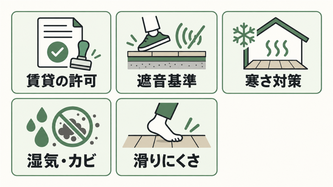 賃貸の許可、マンションの遮音基準、寒さ対策、湿気とカビ、滑りにくさの5項目を示す図解