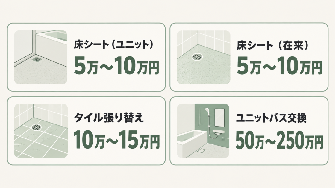 浴室の床リフォーム4種類の費用相場を、5万〜10万円、10万〜15万円、50万〜250万円で比較した図解