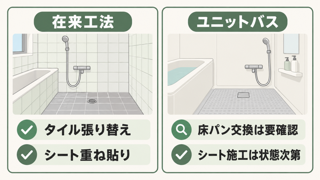 在来工法ではタイル張り替えとシート重ね貼り、ユニットバスでは床パン交換は要確認でシート施工は状態次第と示す図解