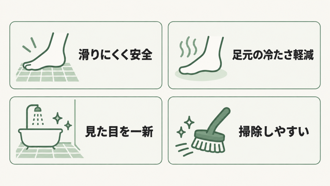 浴室床リフォームのメリットとして、滑りにくさ、冷たさ軽減、見た目の一新、掃除のしやすさを示す図解
