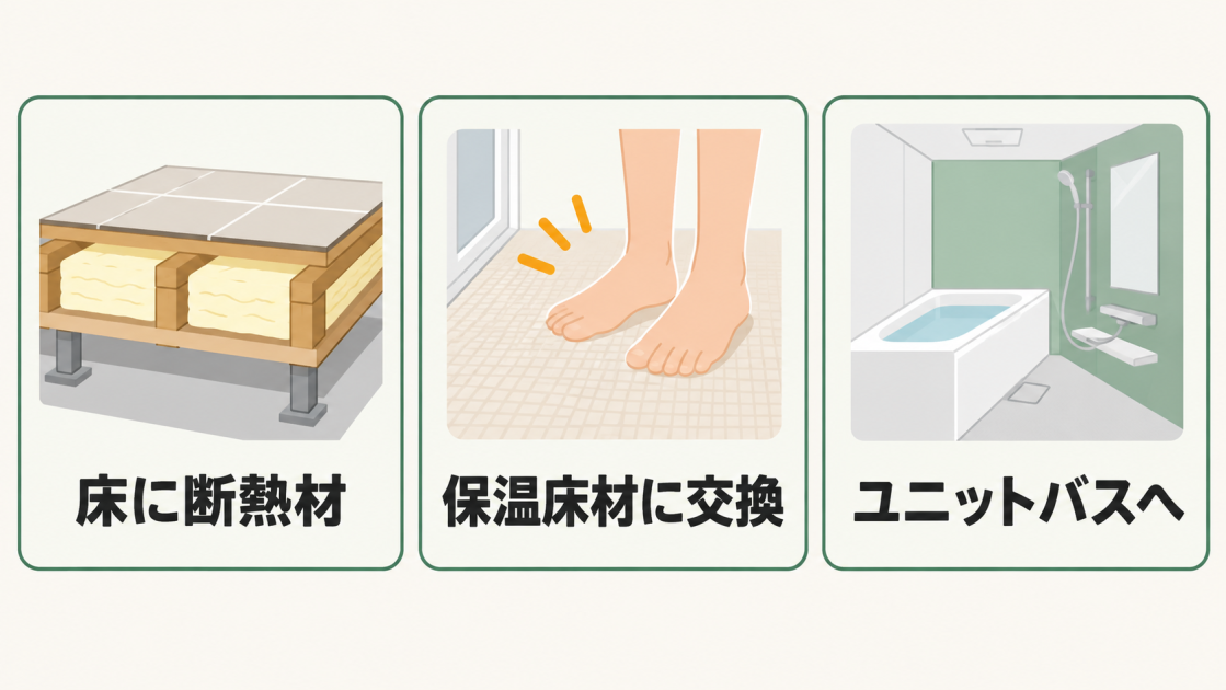 浴室床の寒さ対策として、床に断熱材、保温床材に交換、ユニットバスへの変更を示す図解