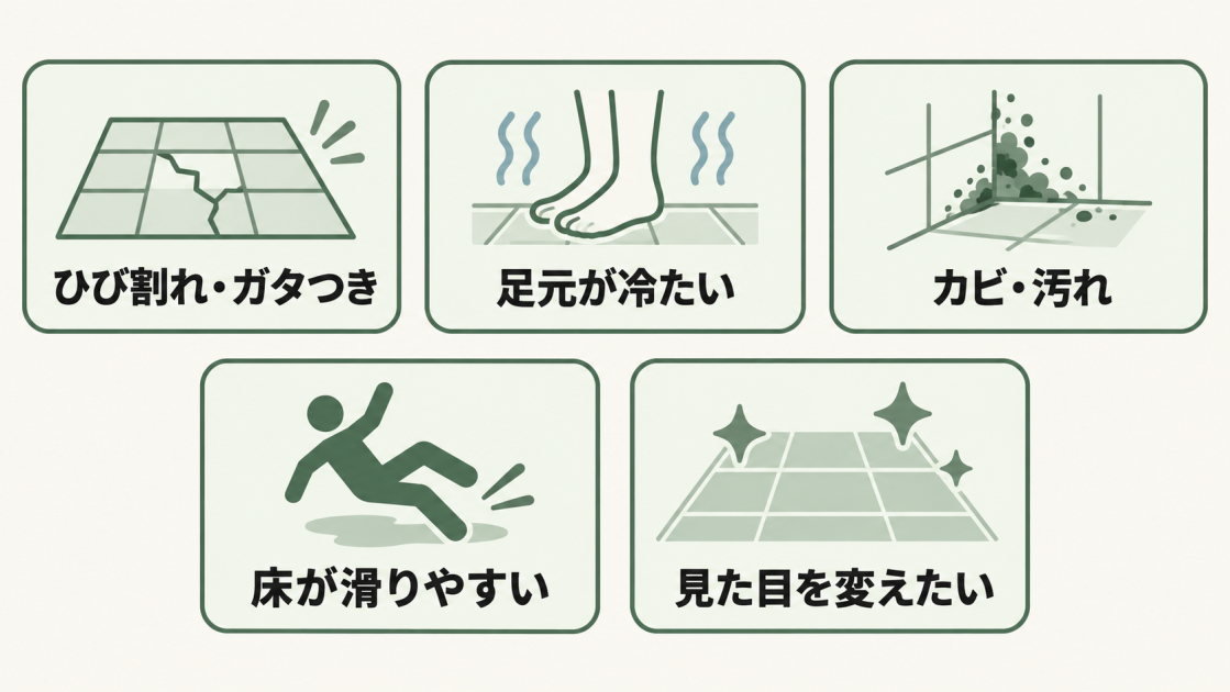 ひび割れやガタつき、足元の冷たさ、カビや汚れ、滑りやすさ、見た目の変化を浴室床リフォームの目安として示す図解
