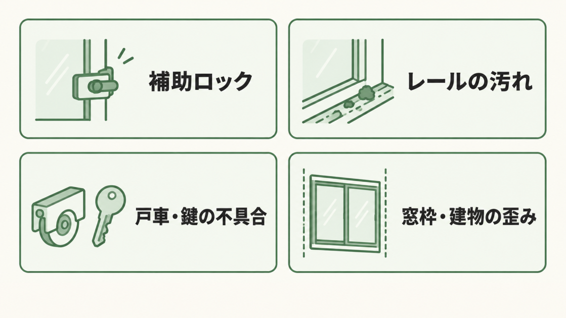 窓が閉まらない主な原因として、補助ロック、レールの汚れ、戸車・鍵の不具合、窓枠・建物の歪みを示した図解