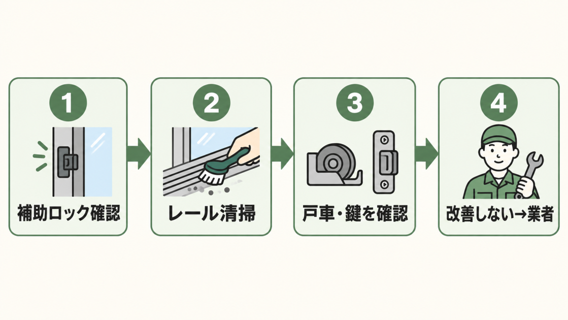 補助ロック確認、レール清掃、戸車・鍵の確認、改善しない場合の業者依頼の順序を示した図解