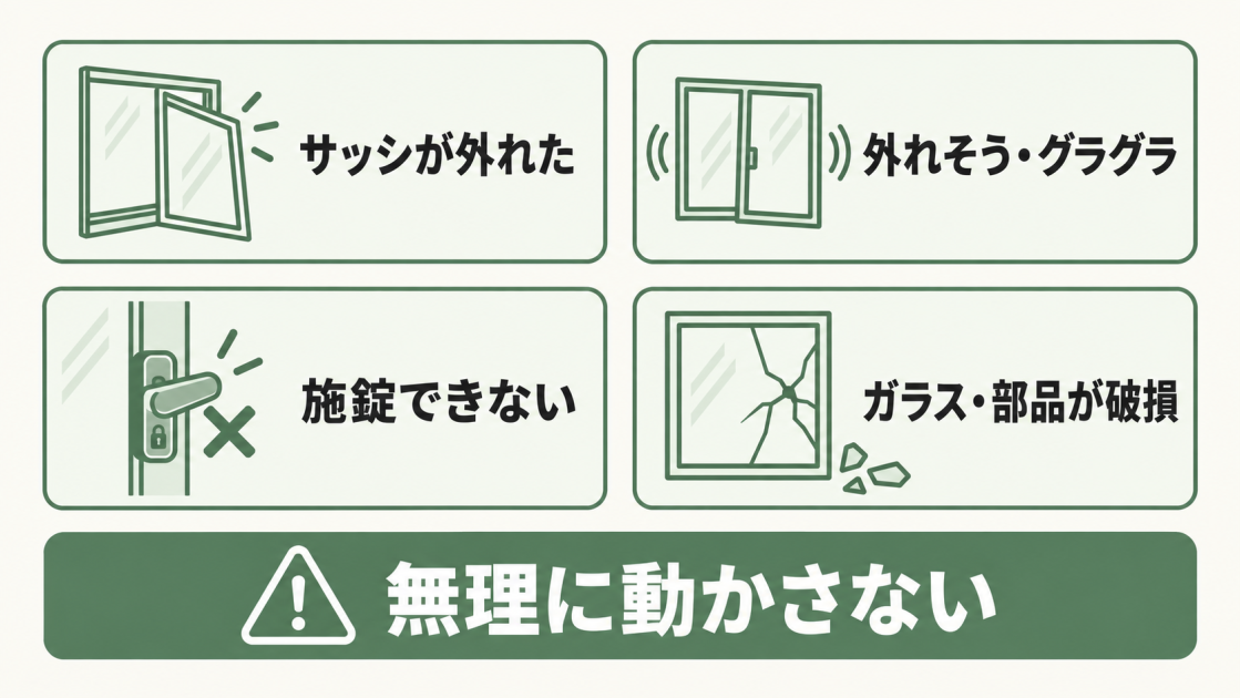 サッシが外れた、外れそうでグラグラする、施錠できない、ガラスや部品が破損している場合は無理に動かさないことを示した図解