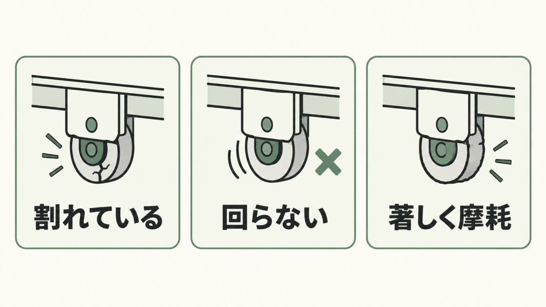 戸車が割れている、回らない、著しく摩耗している状態を示した図解