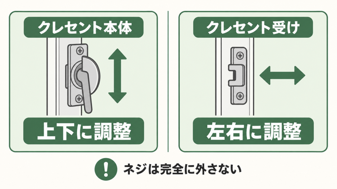 クレセント本体は上下、クレセント受けは左右へ調整し、ネジを完全に外さないことを示した図解