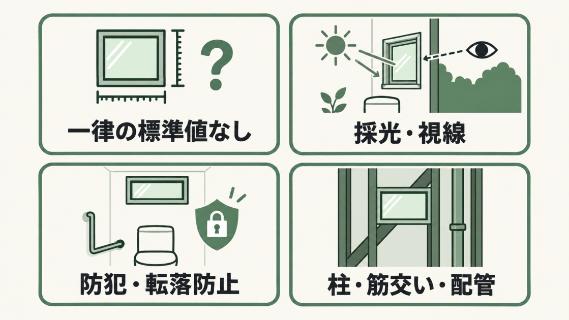 トイレ窓のサイズや高さには一律の標準値がなく、採光と視線、防犯と転落防止、柱・筋交い・配管を考慮して決めることを示した図解