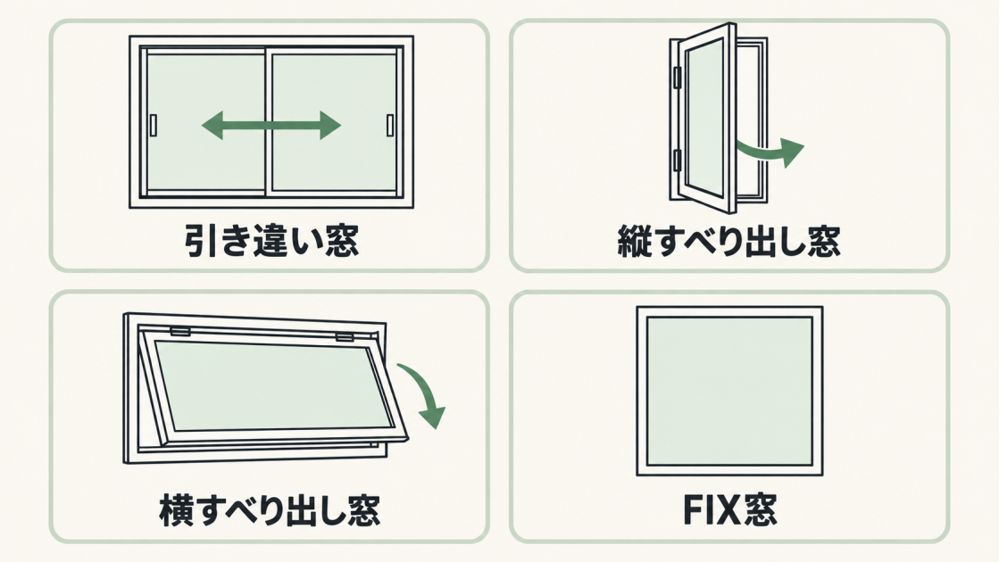 引き違い窓、縦すべり出し窓、横すべり出し窓、FIX窓の形状と開き方を比較した図解