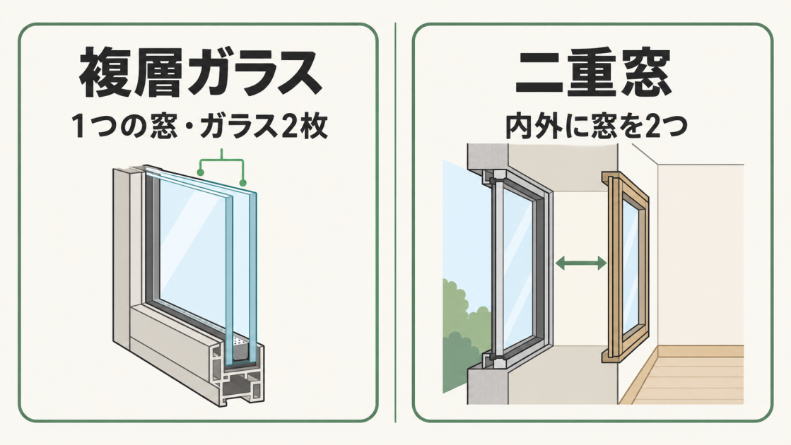 複層ガラスは1つの窓にガラス2枚、二重窓は内外に窓2つを設置する違いを示した図解