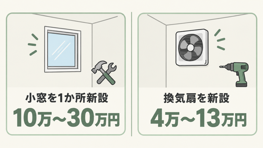 小窓新設10万～30万円、換気扇新設4万～13万円の費用相場を比較した図解