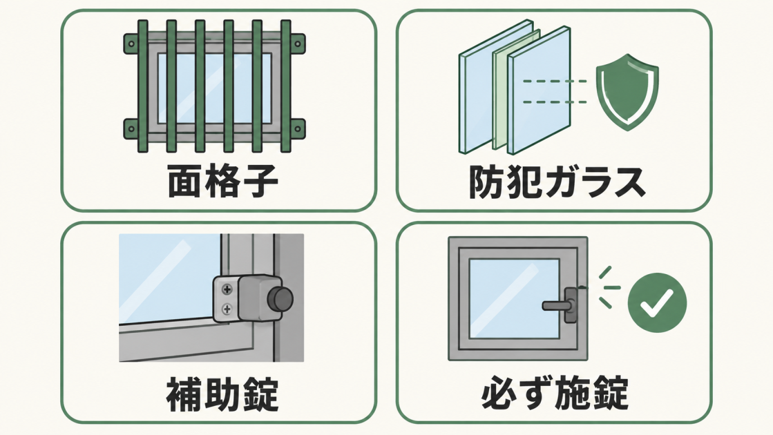 面格子、防犯ガラス、補助錠、施錠によるトイレ窓の防犯対策を示した図解