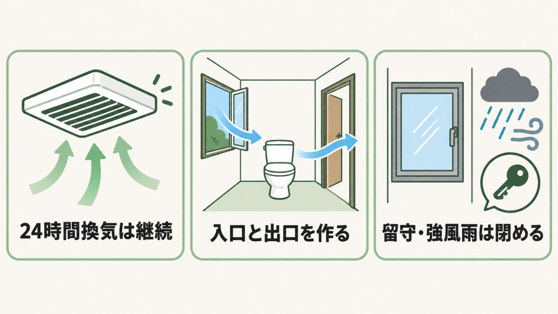 24時間換気を続け、空気の入口と出口を作り、留守中や強風雨時には窓を閉める注意点を示した図解