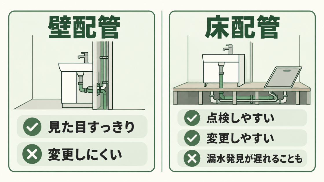 壁配管は見た目がすっきりする一方で変更しにくく、床配管は点検・変更しやすい一方で漏水発見が遅れることもあると比較した図解