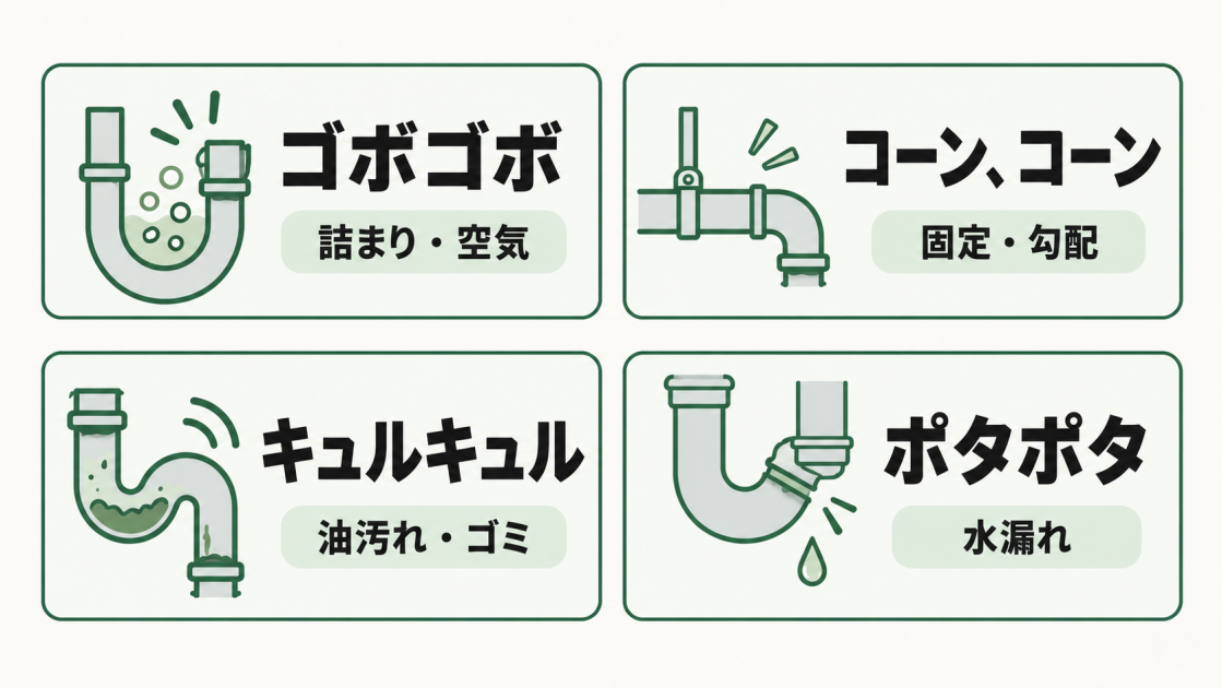ゴボゴボ、コーンコーン、キュルキュル、ポタポタの各異音と、詰まり・空気、固定・勾配、油汚れ・ゴミ、水漏れの関係を示した図解