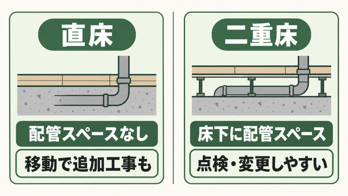 直床は配管スペースがなく移動時に追加工事が生じることがあり、二重床は床下に配管スペースがあり点検・変更しやすいことを比較した図解