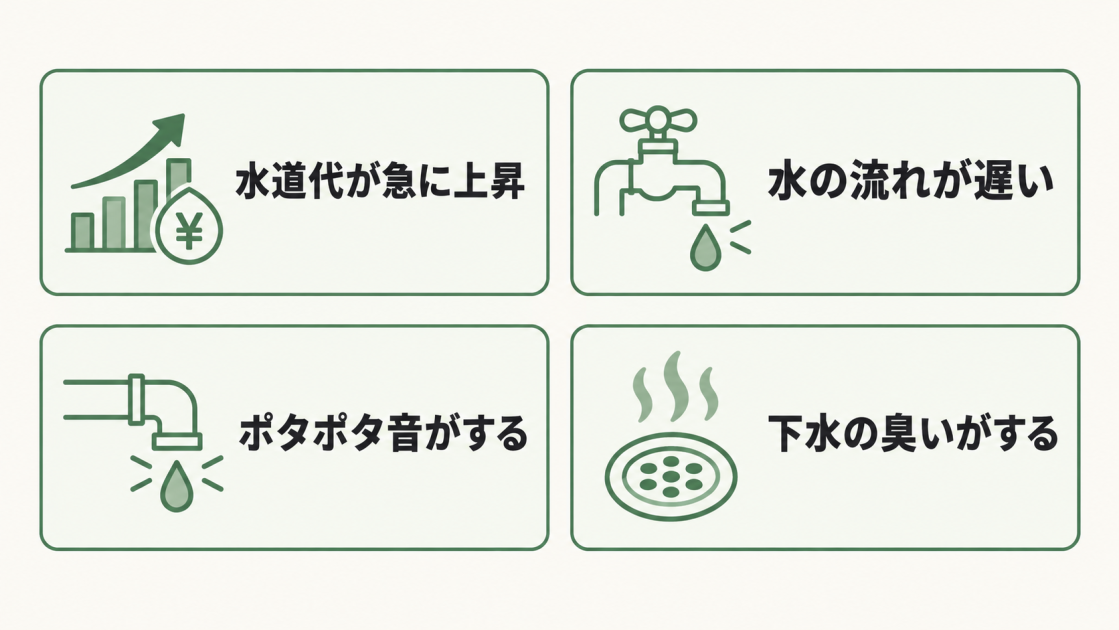水道代の急な上昇、水の流れの遅さ、ポタポタ音、下水の臭いという配管トラブルの初期サインを示した図解
