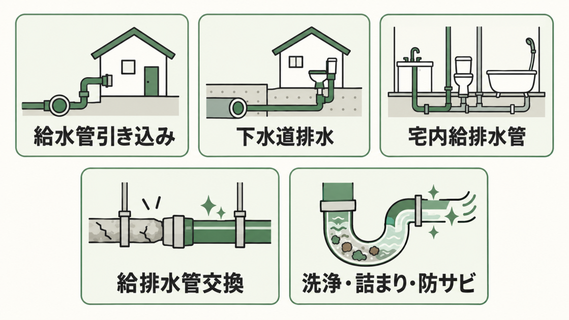 給水管引き込み、下水道排水、宅内給排水管、給排水管交換、洗浄・詰まり・防サビという配管リフォームの5種類を示した図解