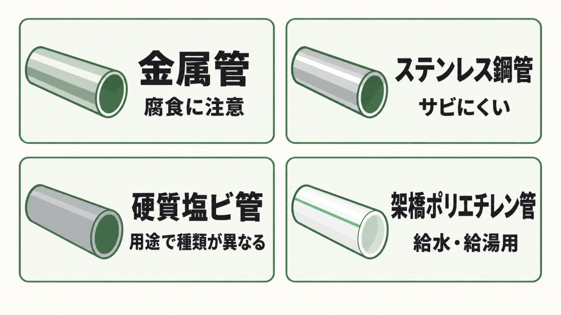 金属管は腐食に注意、ステンレス鋼管はサビにくい、硬質塩ビ管は用途で種類が異なる、架橋ポリエチレン管は給水・給湯用であることを示した図解