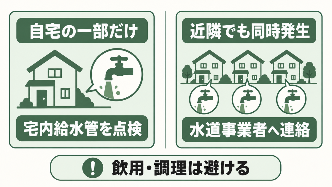 自宅の一部だけなら宅内給水管を点検し、近隣でも同時発生しているなら水道事業者へ連絡する判断を示した図解