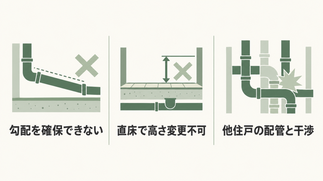 排水勾配を確保できない、直床で床の高さを変更できない、他住戸の配管と干渉するという延長できない原因を示した図解