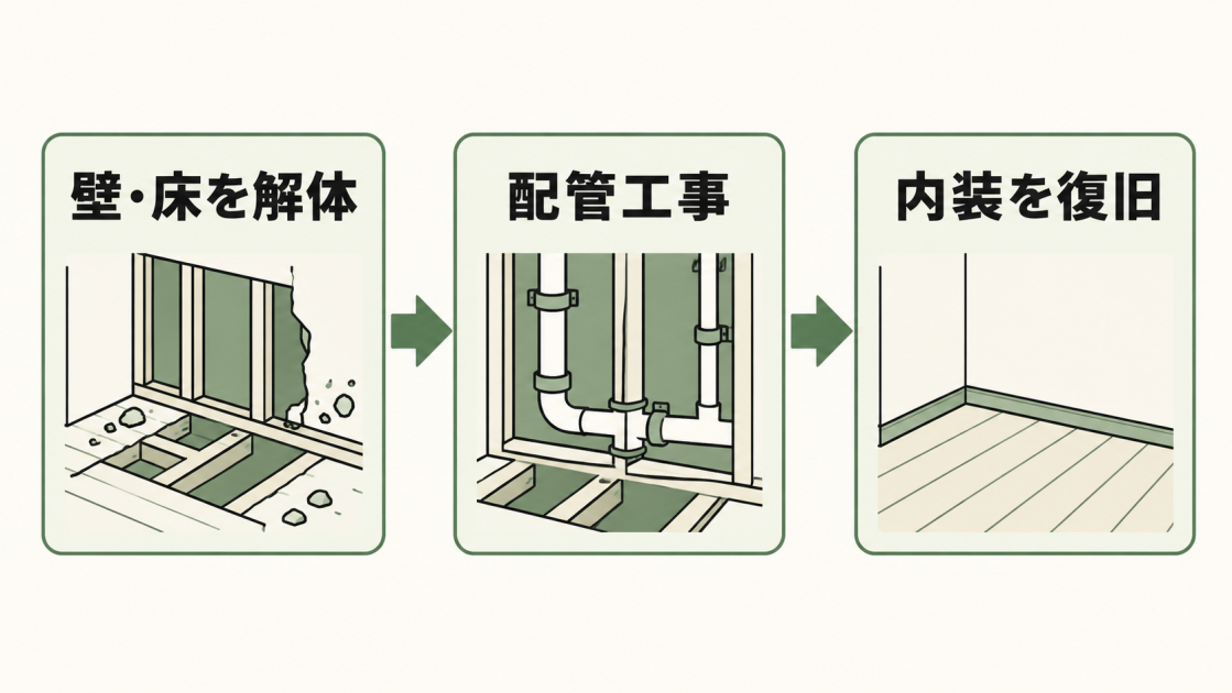 壁や床を解体し、内部の配管工事を行い、最後に内装を復旧する3段階の流れを示した図解