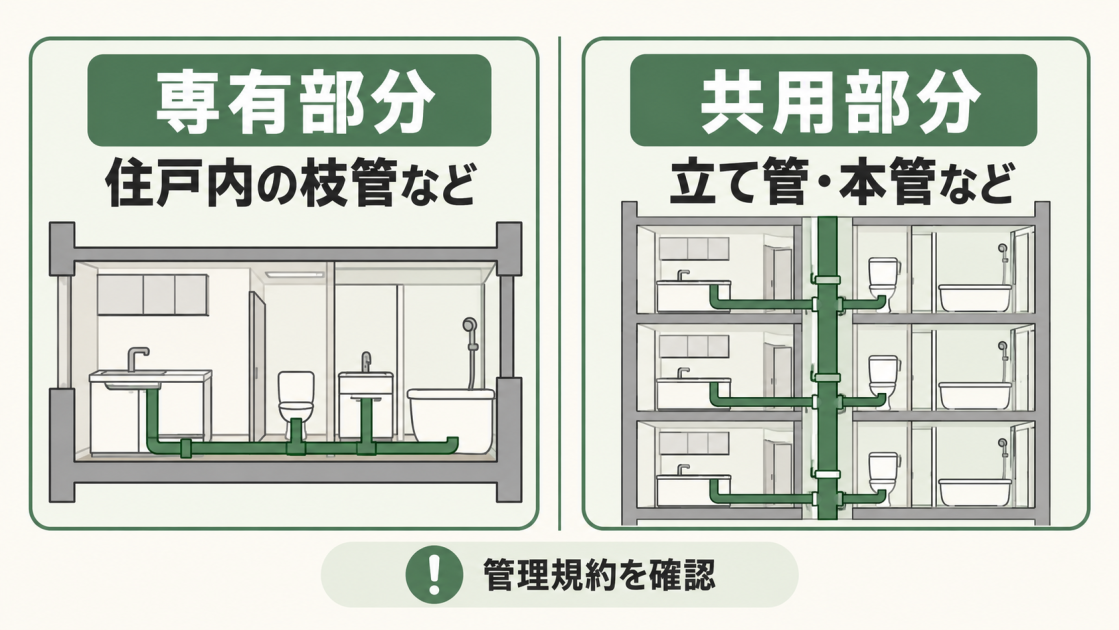 住戸内の枝管などを専有部分、立て管や本管などを共用部分の例として示し、管理規約の確認を促す図解