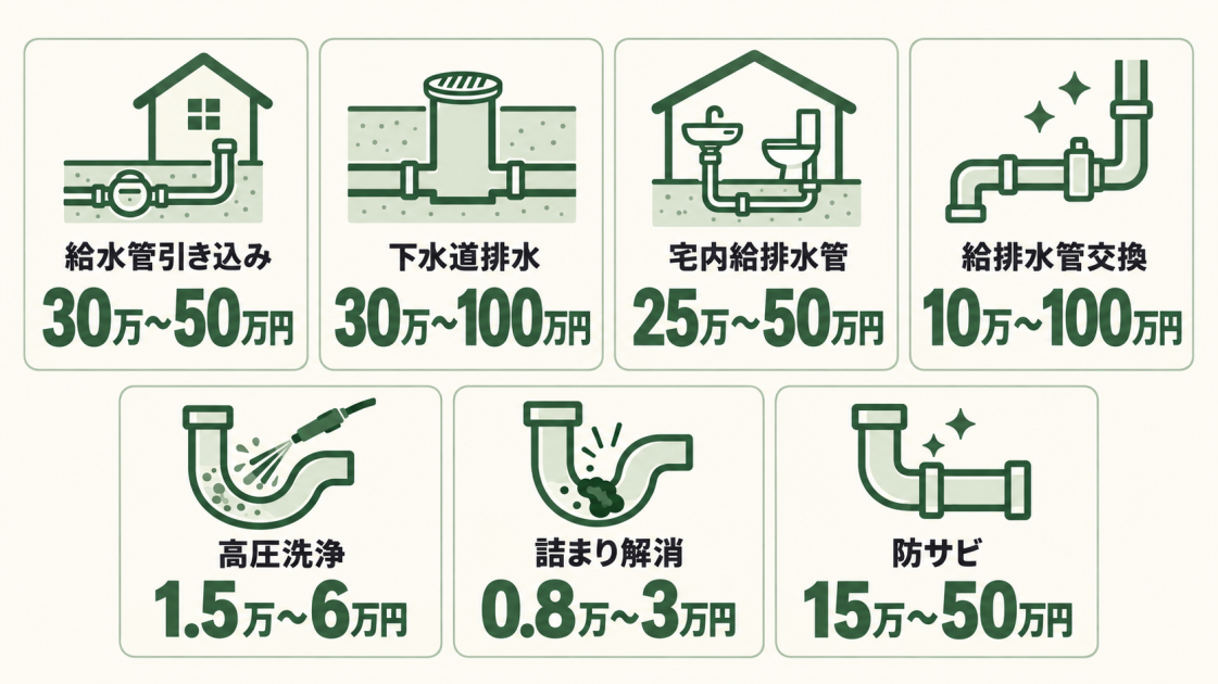 給水管引き込み、下水道排水、宅内給排水管、給排水管交換、高圧洗浄、詰まり解消、防サビの費用相場を一覧で比較した図解