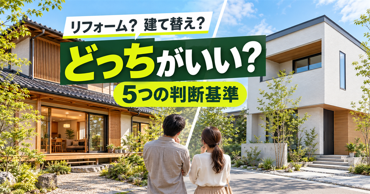 「リフォーム？建て替え？どっちがいい？5つの判断基準」の文字と、和風住宅と現代的な住宅を見比べる男女