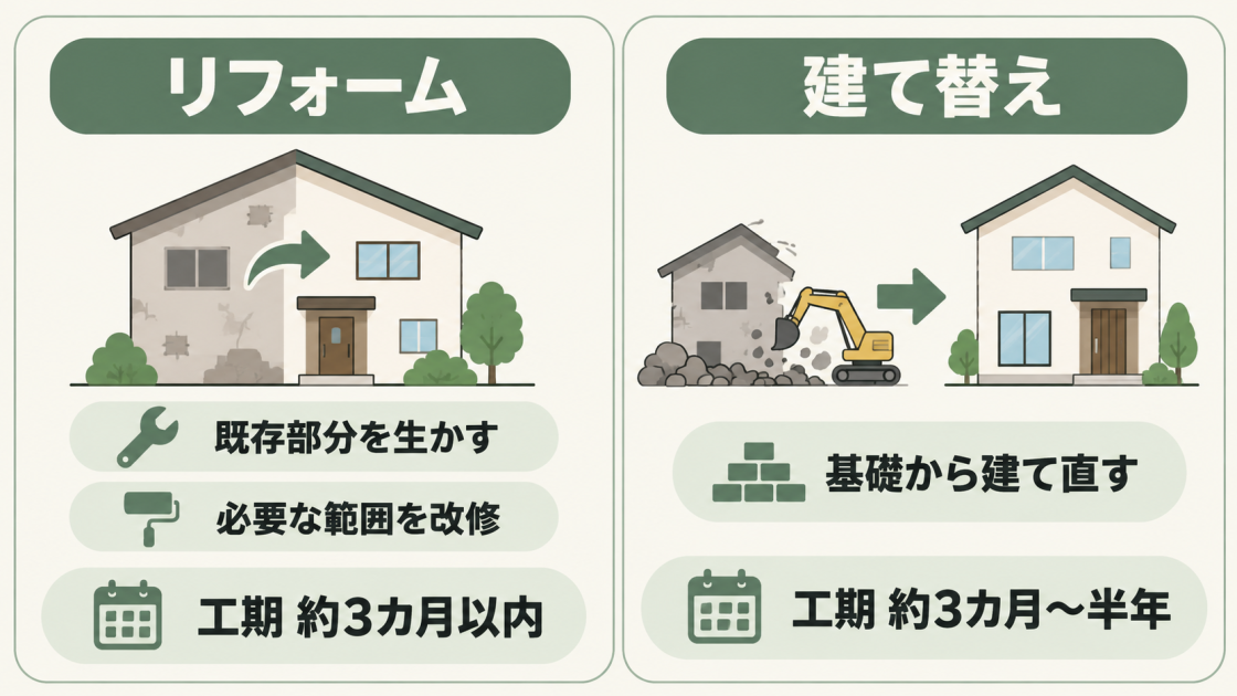 既存部分を生かして必要な範囲を改修するリフォームと、基礎から建て直す建て替えの違いを工期とともに比較した図解