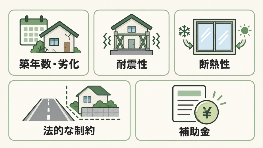 築年数と劣化、耐震性、断熱性、法的な制約、補助金という5つの判断基準を示した図解