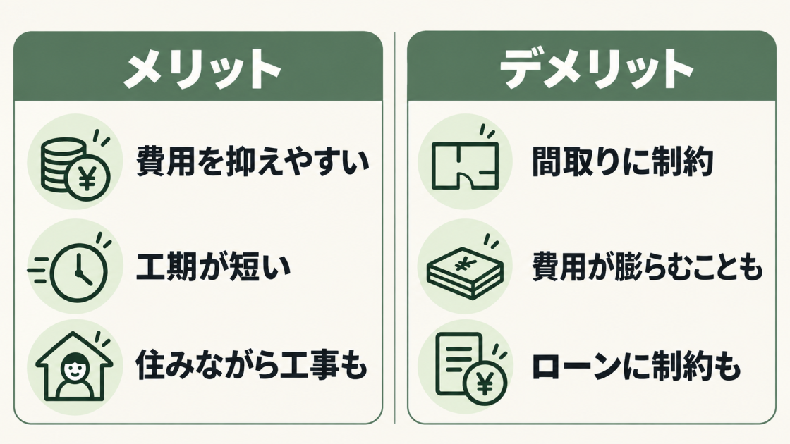 リフォームは費用を抑えやすく工期が短い一方、間取りやローンに制約があり費用が膨らむ場合もあることを示した図解