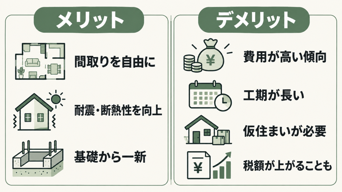 建て替えは間取りの自由度や耐震・断熱性に優れる一方、費用と工期、仮住まい、税額に注意が必要なことを示した図解