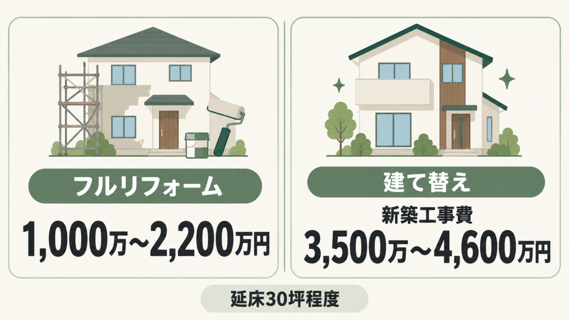 延床30坪程度のフルリフォームは1,000万～2,200万円、建て替えの新築工事費は3,500万～4,600万円という目安を比較した図解