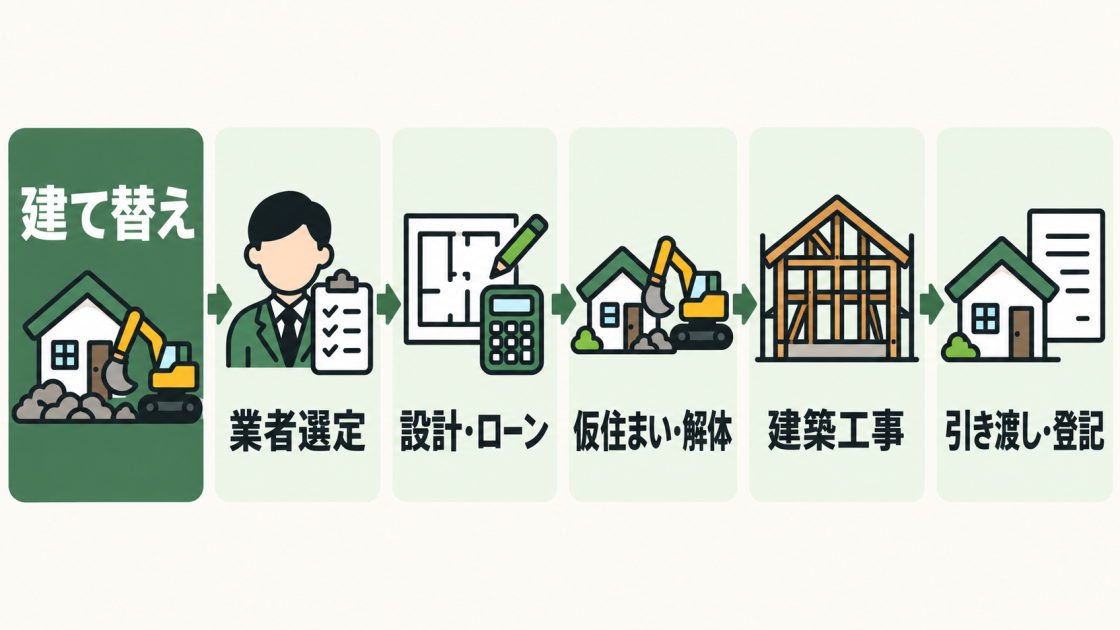 建て替えについて、業者選定、設計・ローン、仮住まい・解体、建築工事、引き渡し・登記までの主な流れを順番に示した図解