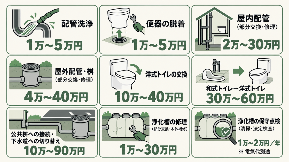 トイレの配管工事費用を、配管洗浄、便器の脱着、屋内配管、屋外配管・桝、洋式トイレの交換、和式から洋式への交換、公共桝への接続・下水道への切り替え、浄化槽の修理、浄化槽の保守点検の全9項目で示した図