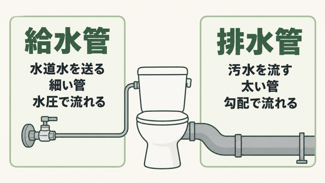 トイレの給水管は細く水圧で水道水を送り、排水管は太く勾配で汚水を流す違いを示した図