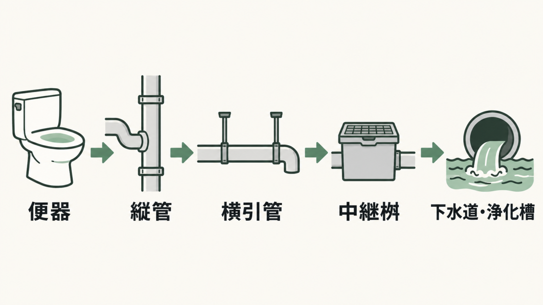 トイレの汚水が便器、縦管、横引管、中継桝を通り、下水道または浄化槽へ流れる経路を示した図