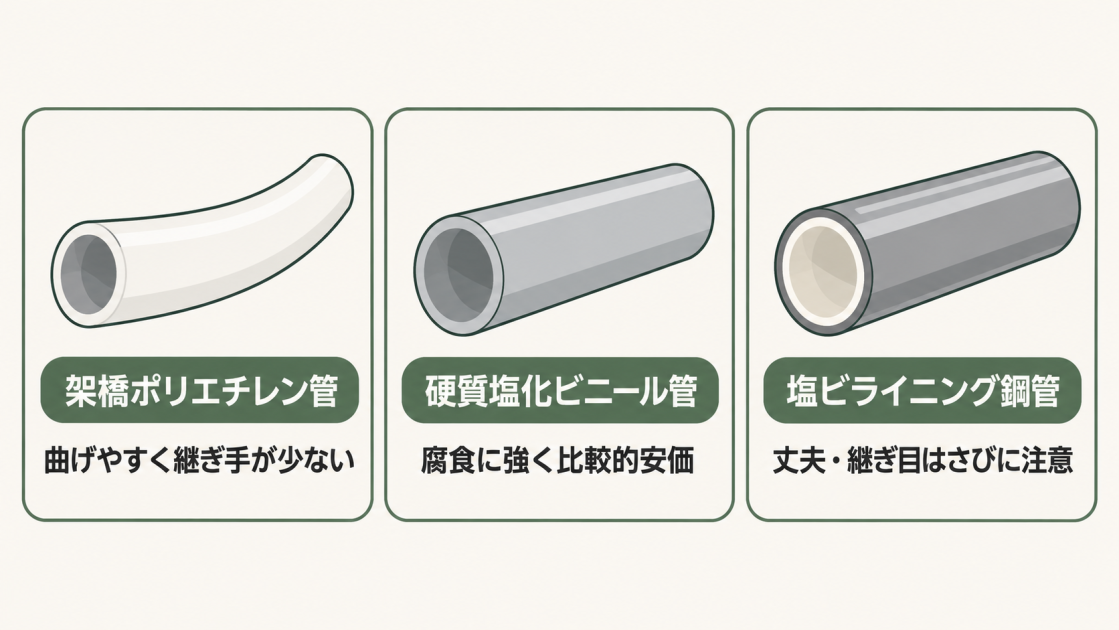 架橋ポリエチレン管、硬質塩化ビニール管、塩ビライニング鋼管の特徴を比較した図