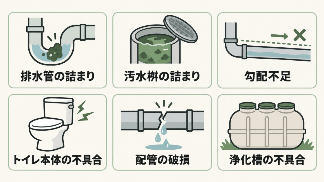 排水管や汚水桝の詰まり、勾配不足、トイレ本体の不具合、配管の破損、浄化槽の不具合をまとめた図