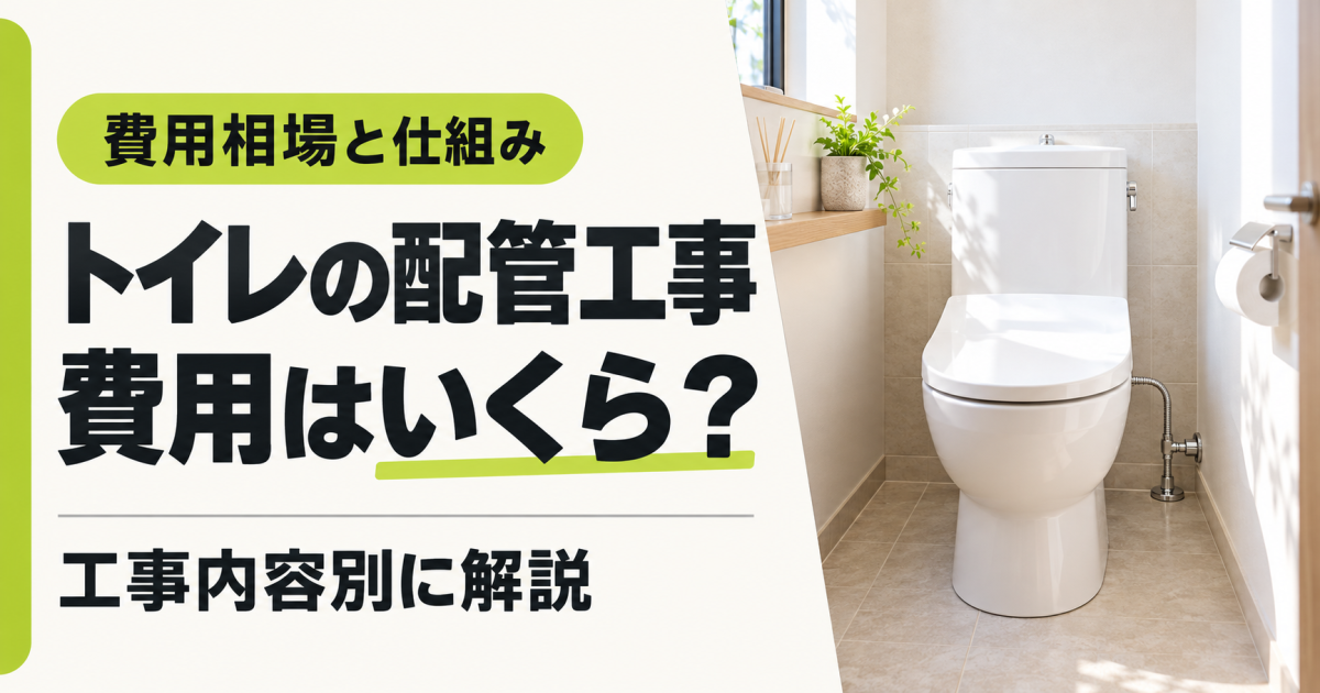 「トイレの配管工事 費用はいくら？ 費用相場と仕組みを工事内容別に解説」の文字と、給水管が見える洋式トイレ