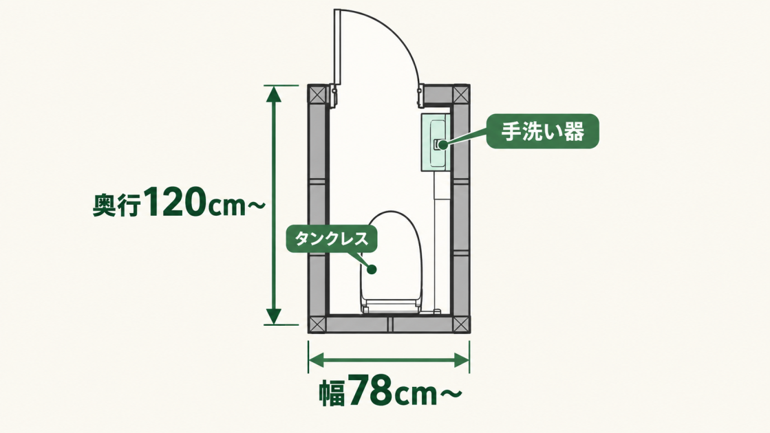 幅78cm以上・奥行120cm以上の空間に、タンクレストイレと手洗い器を配置した平面図