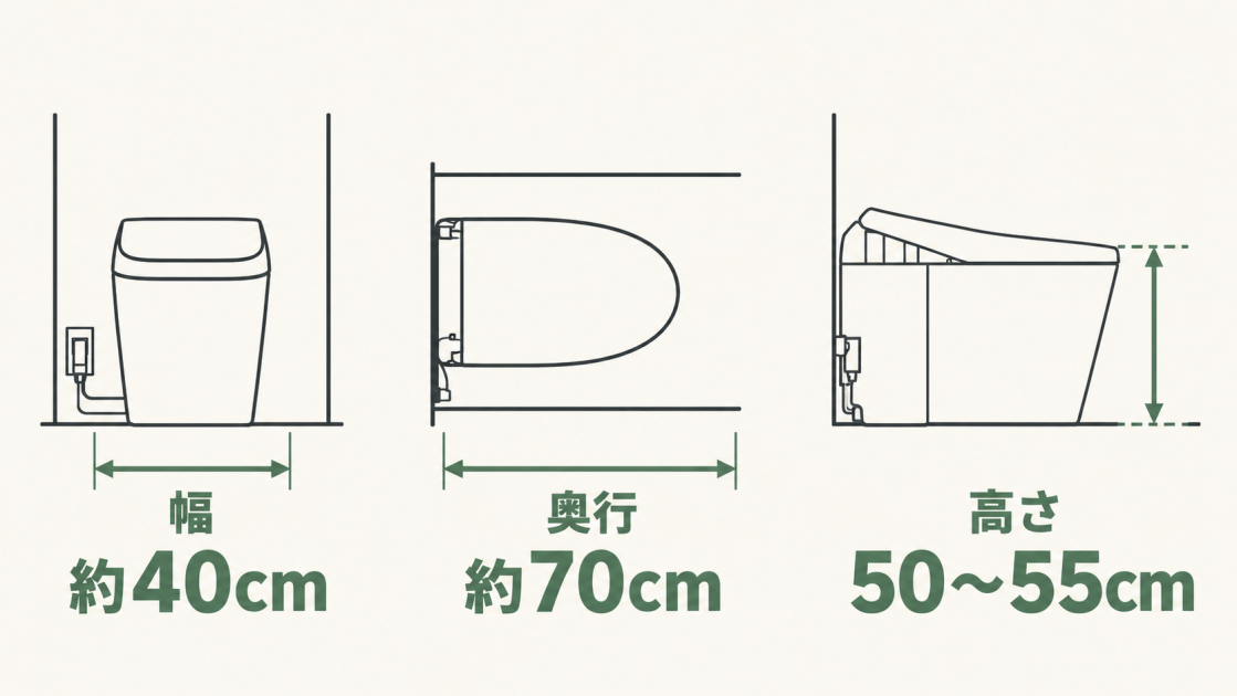 タンクレストイレの幅約40cm、奥行約70cm、高さ50〜55cmを正面・上面・側面で示した図解