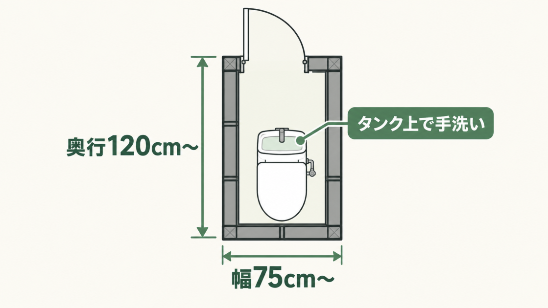 幅75cm以上・奥行120cm以上の空間に、タンク上手洗い付きトイレを配置した平面図
