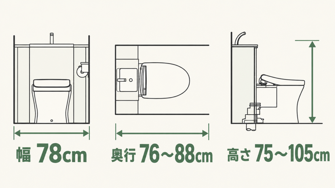 キャビネット付きトイレの幅78cm、奥行76〜88cm、高さ75〜105cmを3方向から示した図解
