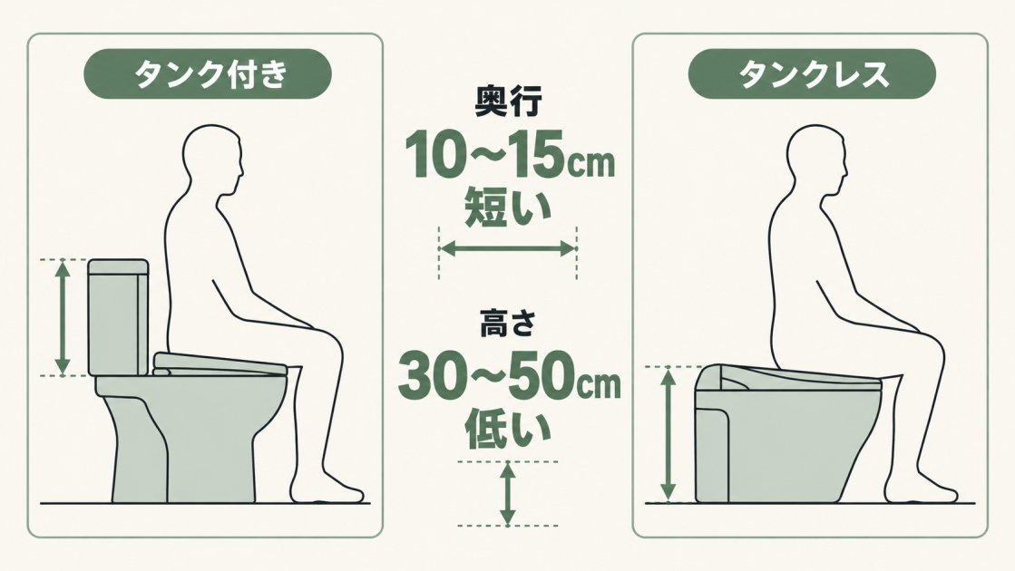 タンクレストイレはタンク付きより奥行が10〜15cm短く、高さが30〜50cm低いことを示した比較図
