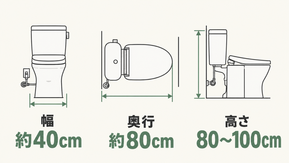 タンク付きトイレの幅約40cm、奥行約80cm、高さ80〜100cmを正面・上面・側面で示した図解