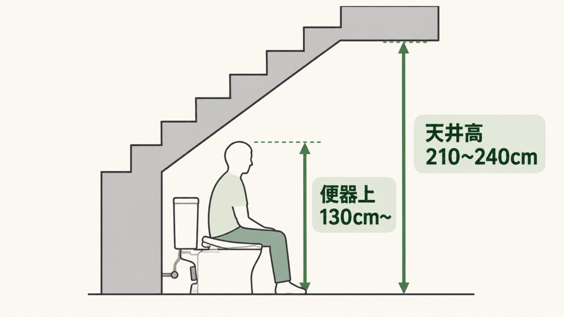階段下のトイレで、天井高210〜240cmと便器上130cm以上の目安を示した図解