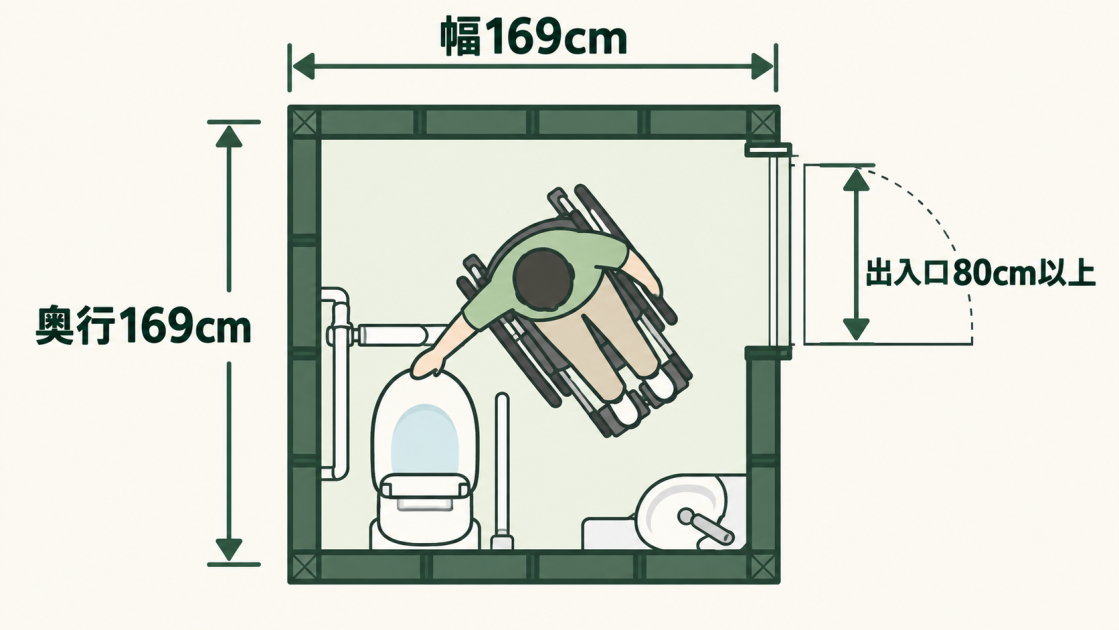 幅・奥行169cm、出入口80cm以上の車いす対応トイレを上から見た図解